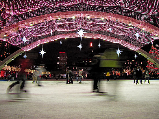 cavalcade of lights, skating, rink, skaters, 2009, show, crowd, show, stage, nathan phillips square, city hall, toronto, city, life