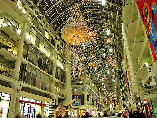 shoppers, eaton centre, christmas, decorations, seasonal, downtown, urban, business, toronto, city, life