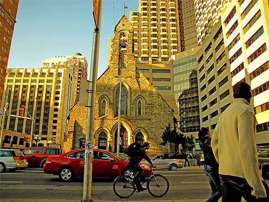 church, anglican diocese of toronto, bloor street west, queen's park, avenue road, cyclist, bicycle, taxi, convertible, intersection, buildings, sunset, pedestrians, toronto, city, life