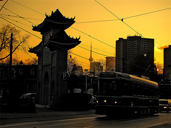 chinatown, gerrard street, gates, temple, skyline, cn tower, toronto, city, life