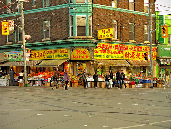 chinatown, gerrard street, market, fruits, vegetables, crosswalk, pedestrians, toronto, city, life