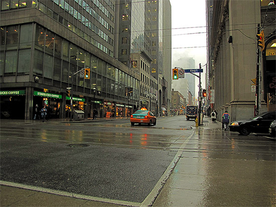 taxi, street corner, yonge street, king street east, tracks, road, toronto, city, life