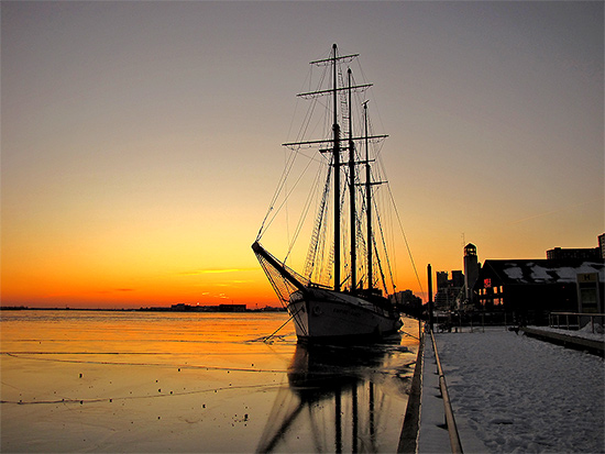 schooner, ship, harbour, moorings, ice, lake ontario, lakeshore, sunset, toronto, city, life