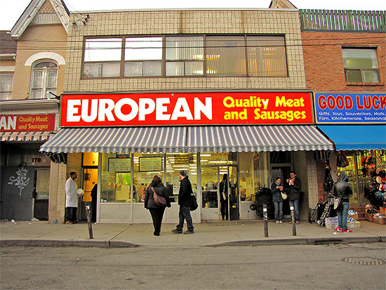european quality meats and sausages, butchers, kensington market, shoppers, pedestriands, toronto, city, life