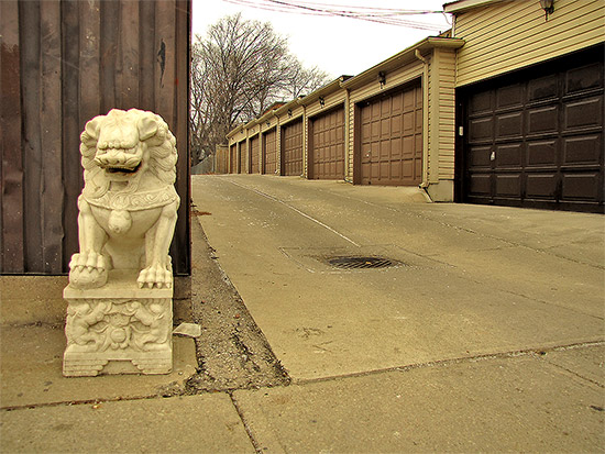 gerrard street east, garages, alley, statue, toronto, city, life