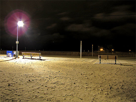 woodbine beach, park benches, boardwalk, tethers, lake ontario, light pole, night, toronto, city, life