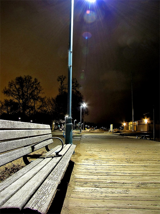 boardwalk, light pole, park bench, woodbine beach, toronto, city, life