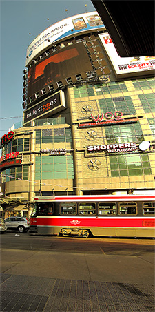 woo restaurant, amc 24 movie theatres, yonge-dundas square, toronto transit commission, streetcar, toronto, city, life