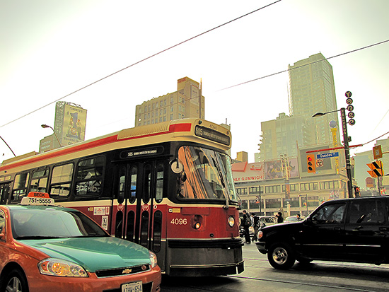 beck taxi, toronto transit commission, streetcar, intersection, yonge-dundas square, toronto, city, life