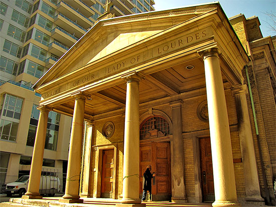 shrine of our lady of lourdes, church, construction, highrise, sherbourne street, toronto, city, life