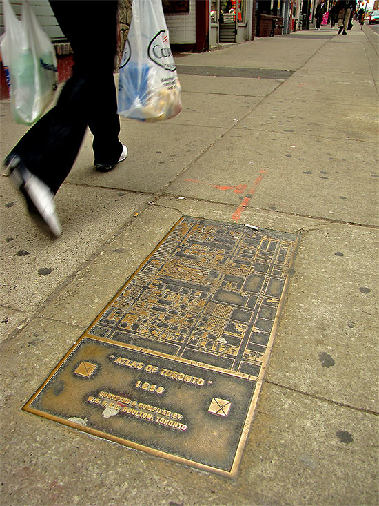 historical map, plaque, pavement, sidewalk, 1858, toronto, city, life