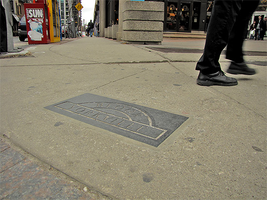 plaque, bay, yorkville, pavement, sidewalk, toronto, city, life