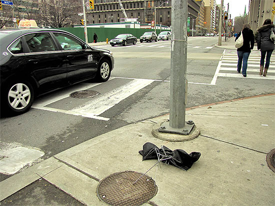 street corner, construction, destroyed umbrella, toronto, city, life