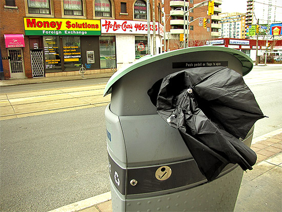 street corner, garbage can, ho lee chow, chinese restaurant, money transfer mart, destroyed umbrella, toronto, city, life