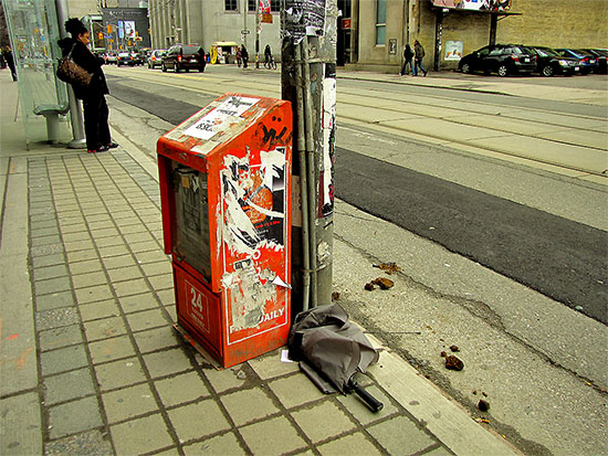 streetcar stop, destroyed umbrella, horse droppings, toronto, city, life