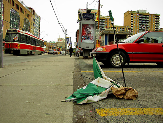 streetcar, destroyed umbrella, parking lot, toronto, city, life