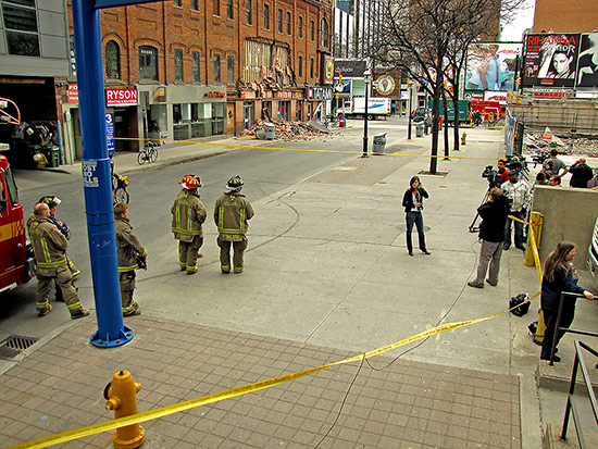 emergency, fire, crews, collapsed wall, yonge, gould, street, ryerson university, media, news, toronto, city, life