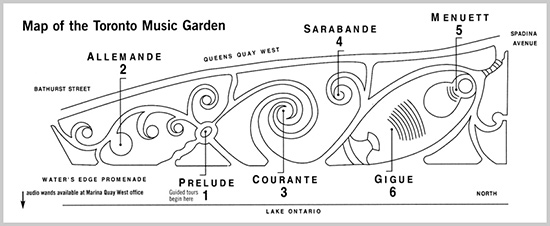 music garden, map, trails, paths, urban park, toronto, city, life