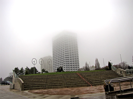 ontario science centre, statues, outdoor exhibitions, fog, toronto, city, life