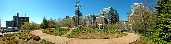 music garden, railing, path, docks, harbourfront, waterfront, queen's quay, toronto, city, life