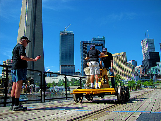 turntable, handcar, john street roundhouse, museum, tourists, toronto, city, life