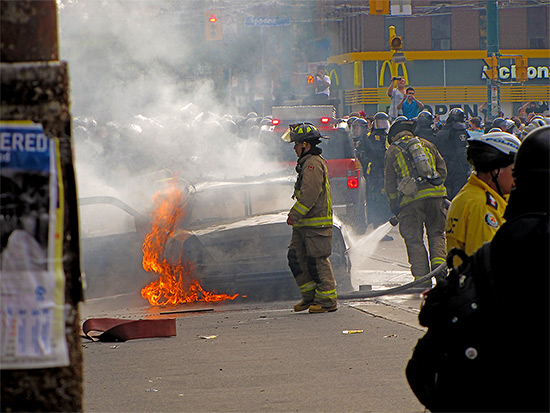 g20, riots, fire, police car, cruiser, queen street west, toronto, city, life