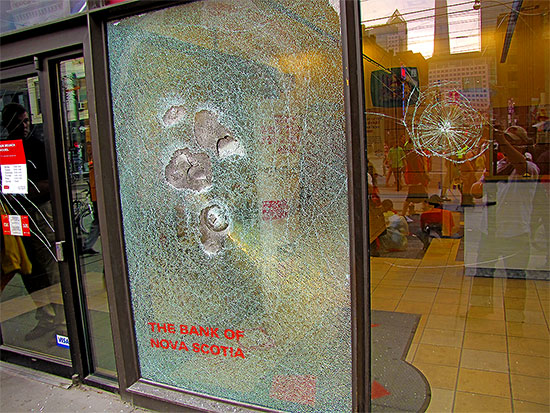 g20, protests, riots, vandalism, cibc, broke windows, glass, queen street west, toronto, city, life