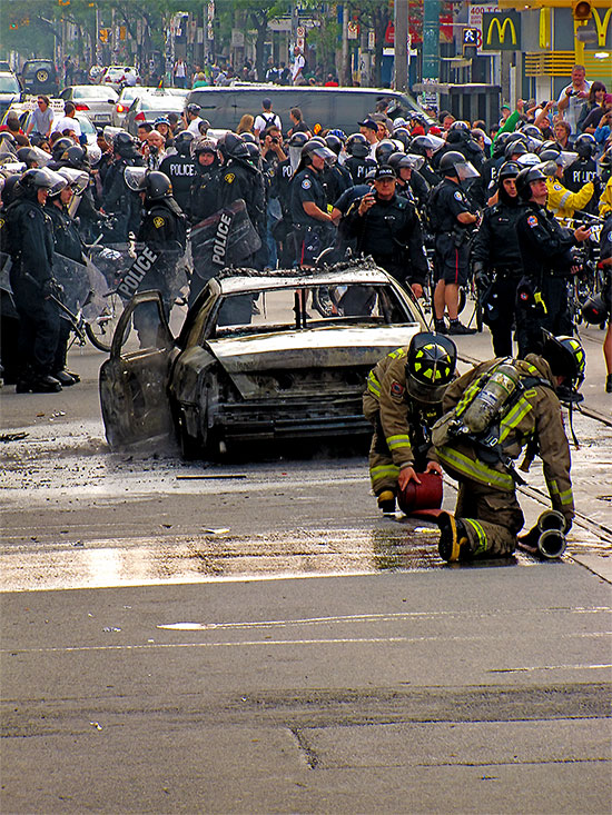 g20, riots, police, car, cruiser, fire, toronto, city, life