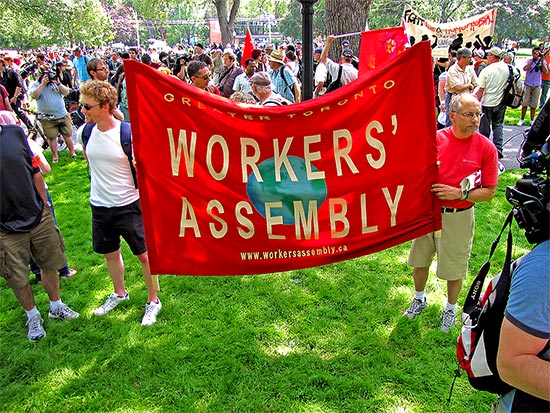 workers' assembly, banner, allan gardens, g20, protests, protesters, toronto, city, life