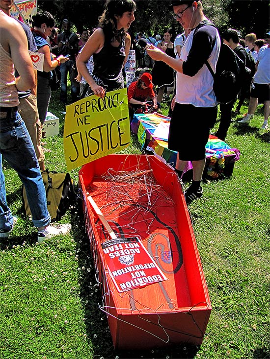 coffin, coat hangers, abortion rights, protesters, protests, g20, allan gardens, toronto, city, life