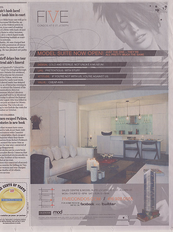 five condominiums, altered advertisement, toronto star, toronto, city, llife