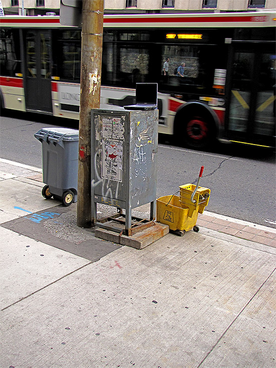 laptop, bucket, sidewalk, bus, ttc, yonge street, toronto, city, life