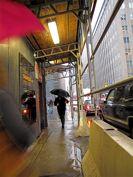 adelaide street, university avenue, intersection, construction awning, pedestrian covered pass, raining, fog, toronto, city, life