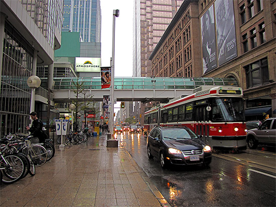 streetcar, queen street west, eaton centre, rain, autumn, fall, fog, toronto, city, life