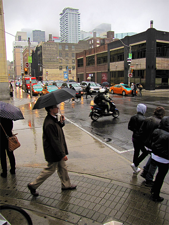 adelaide street, peter street, intersection, rain, fog, traffic, commute, toronto, city, life