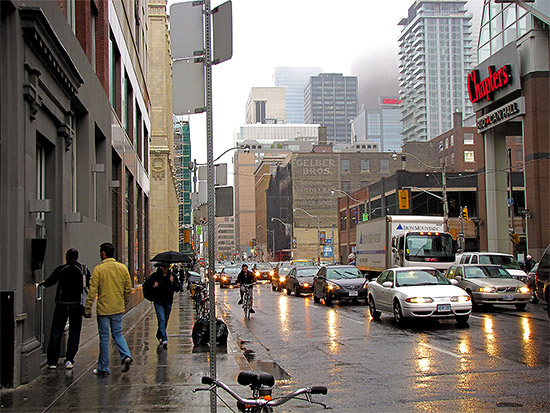 adelaide street, rain, clouds, fog, traffic, commute, toronto, city, life