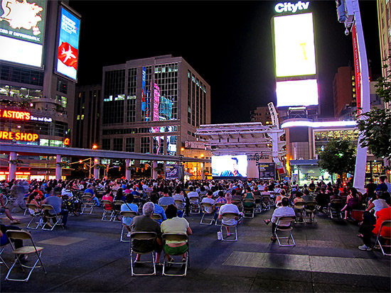 tuesday night movies, yonge-dundas square, toronto, city, life