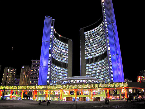 city hall, night, christmas decorations, nathan phillips square, toronto, city, life