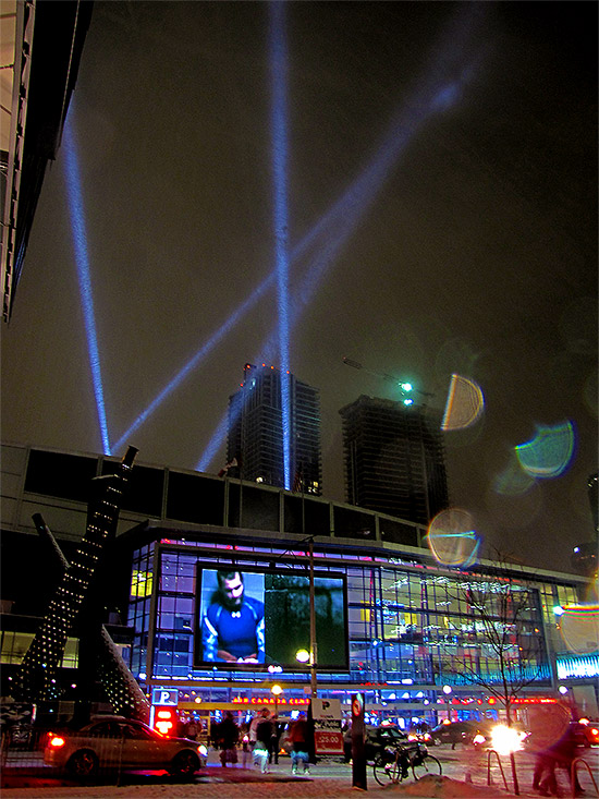 air canada centre, acc, snow, winter, spotlights, toronto, city, life