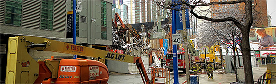 blaze, six, 6, alarm, fire, wall collapse, salad king, gould street, yonge street, ryerson university, toronto, city, life