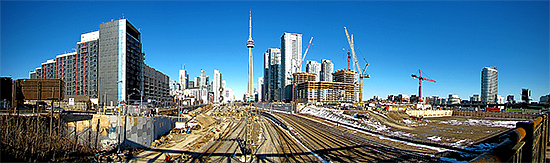 panorama, go train tracks, construction, skyline, spring, toronto, city, life, blog